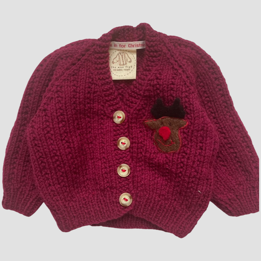 0-6 months - Berry red Rudolph cardigan