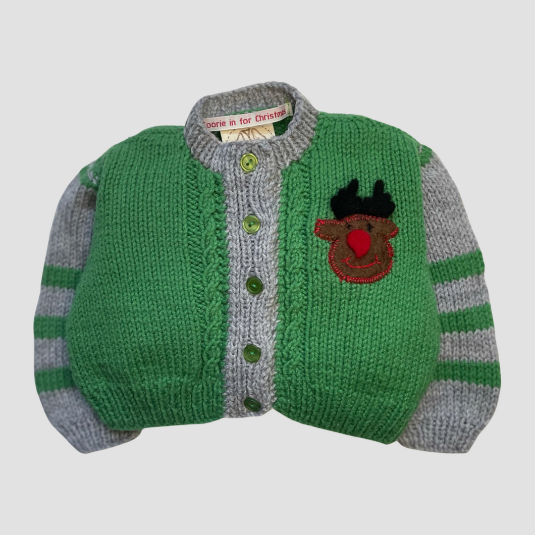 0-3 months - Green and grey Rudolph cardigan