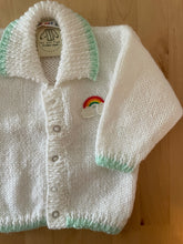 Load image into Gallery viewer, 0-3 months - White rainbow cardigan with green trim
