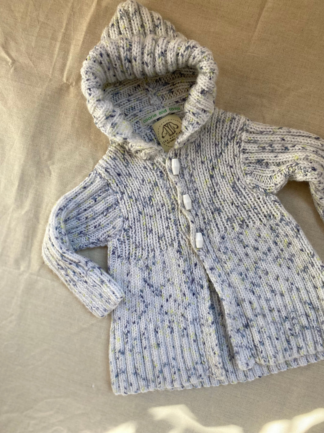 0-6 months - White and blue fleck hooded duffle cardigan