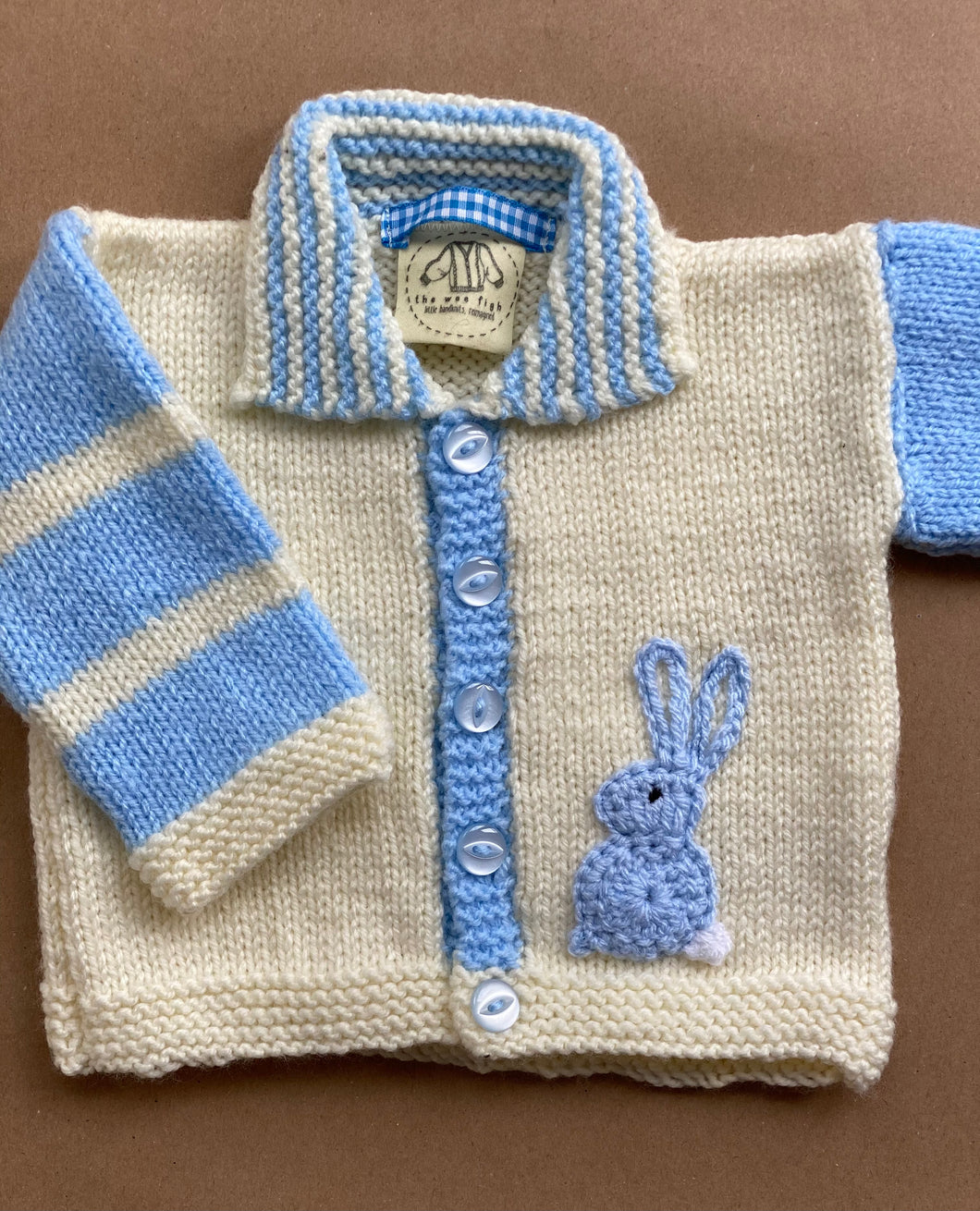 0-3 months - Cream “Bunny” cardigan with striped sleeves