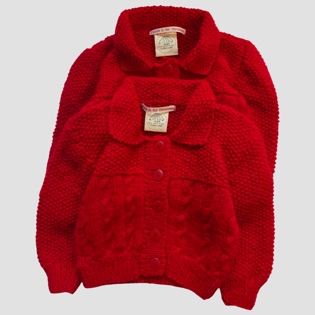 1-2 years - Red chunky cardigan (Pick your own badge!)